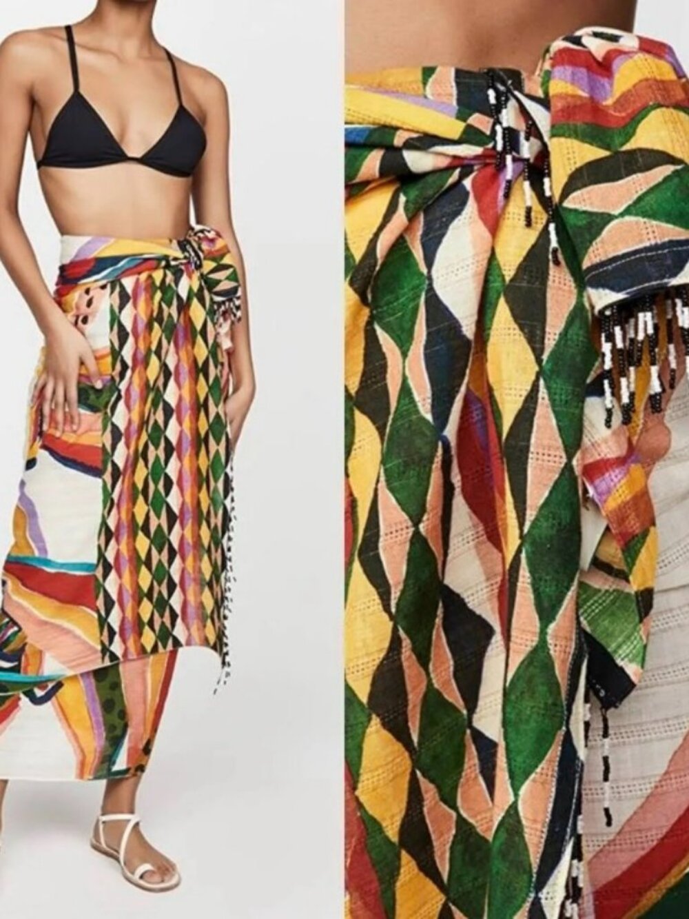 FARM Rio Vibrant Multi Banana Sarong Beaded Fringe Swim Cover Up Wrap Like New